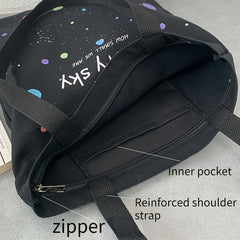 Starry Sky Pattern Canvas Zipper Tote Bag for School & Shopping