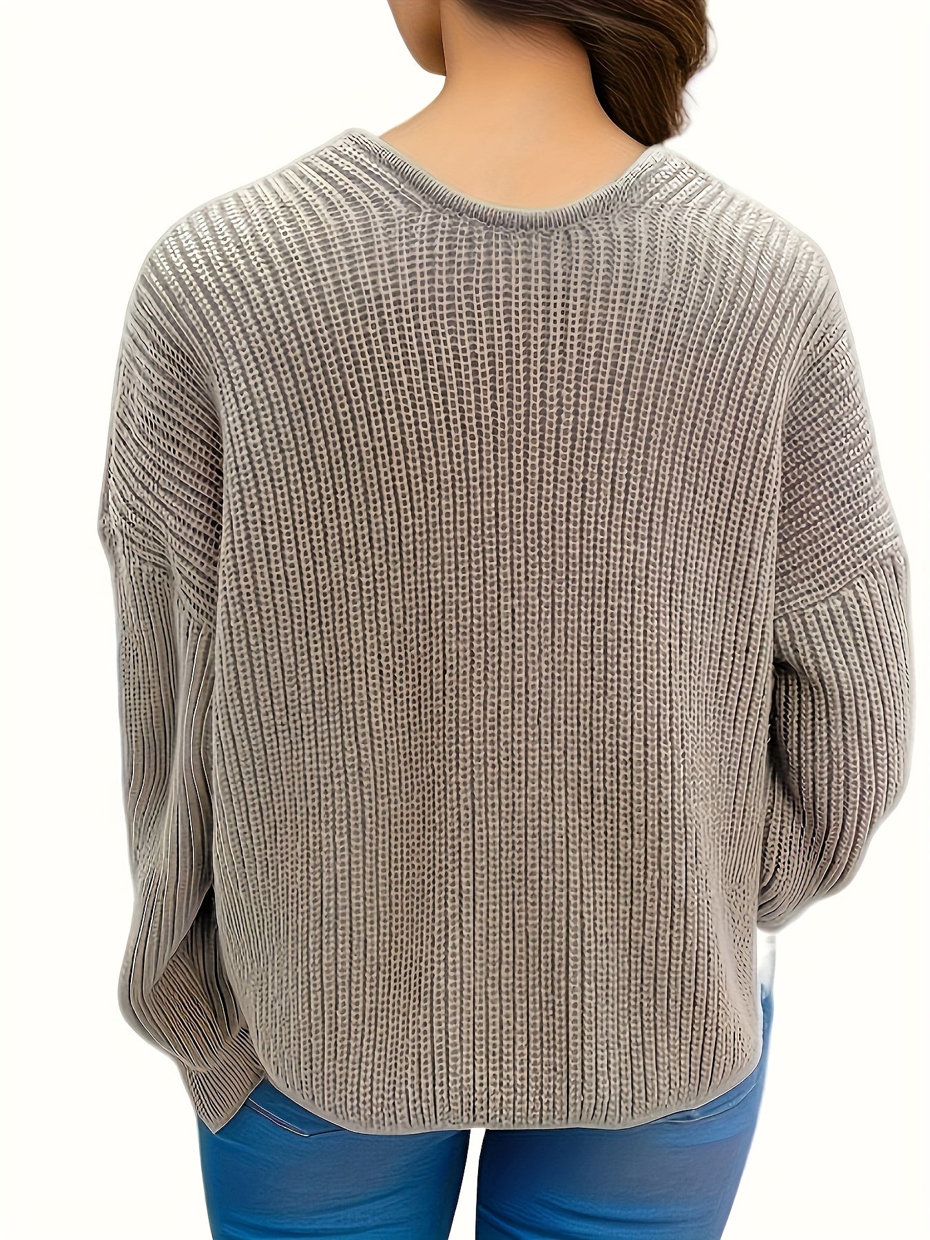 Solid V Neck Long Sleeve Knitted Sweater for Women