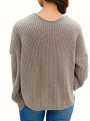 Solid V Neck Long Sleeve Knitted Sweater for Women