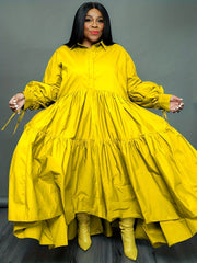 Solid Long Sleeve Maxi Dress Women's Plus Turn Down Collar Long Dress