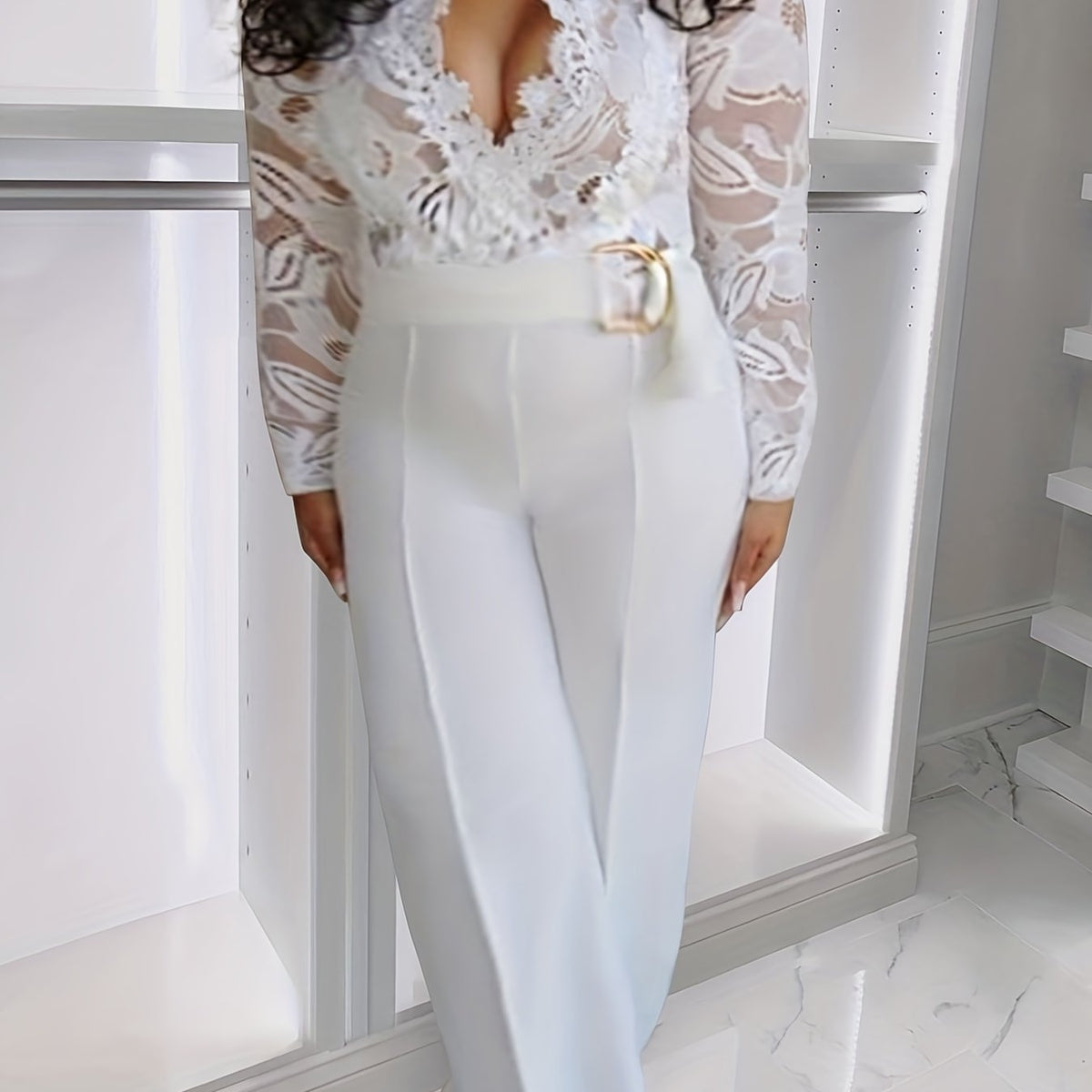  Sexy Jumpsuit Women's Plus Floral Jacquard Lace Sleeve Jumpsuit
