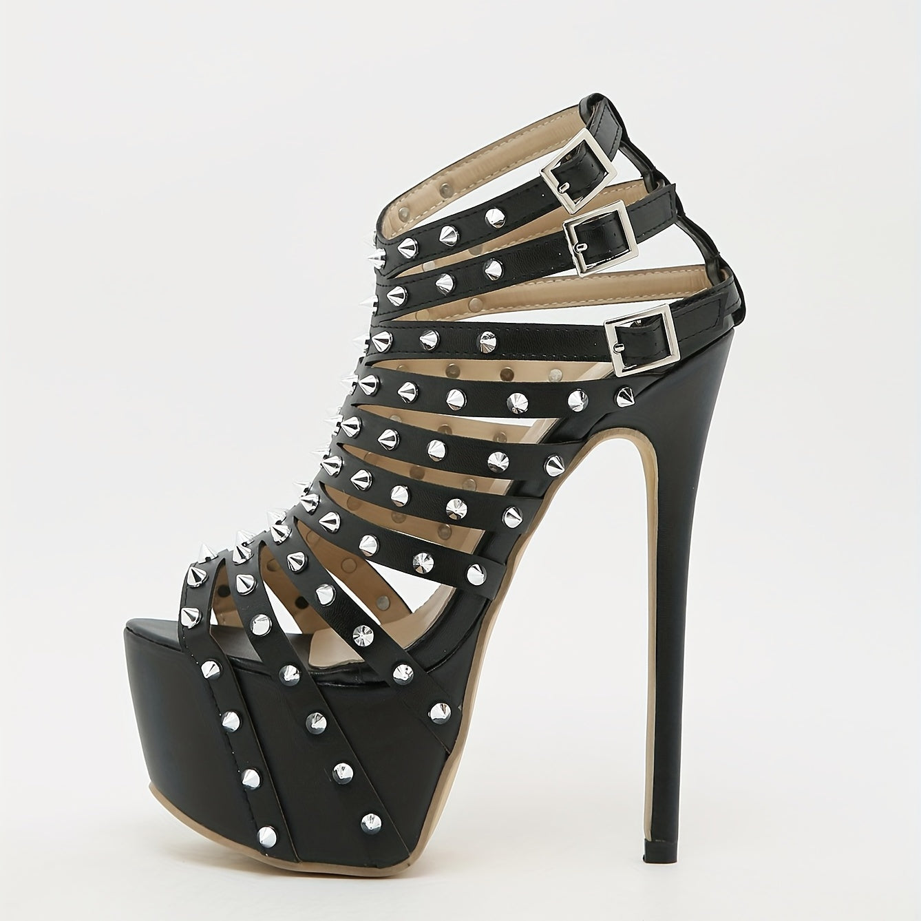 Rivets Stiletto Heels Cutout Buckle Strap Platform Pumps
