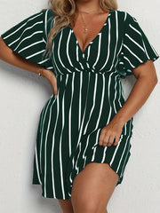  Stripe Print Short Sleeve Surplice Neck Dress