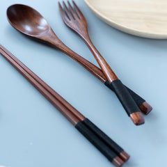 3pcs Japanese Wooden Tableware Spoon Chopsticks Fork Set