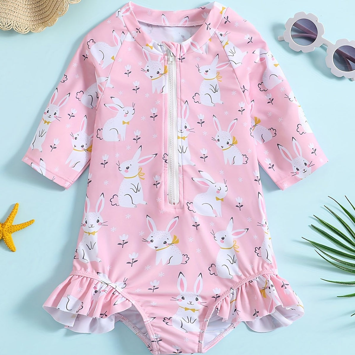 Girls' Cartoon Rabbit Zip Up Swimsuit & Bathing Suit