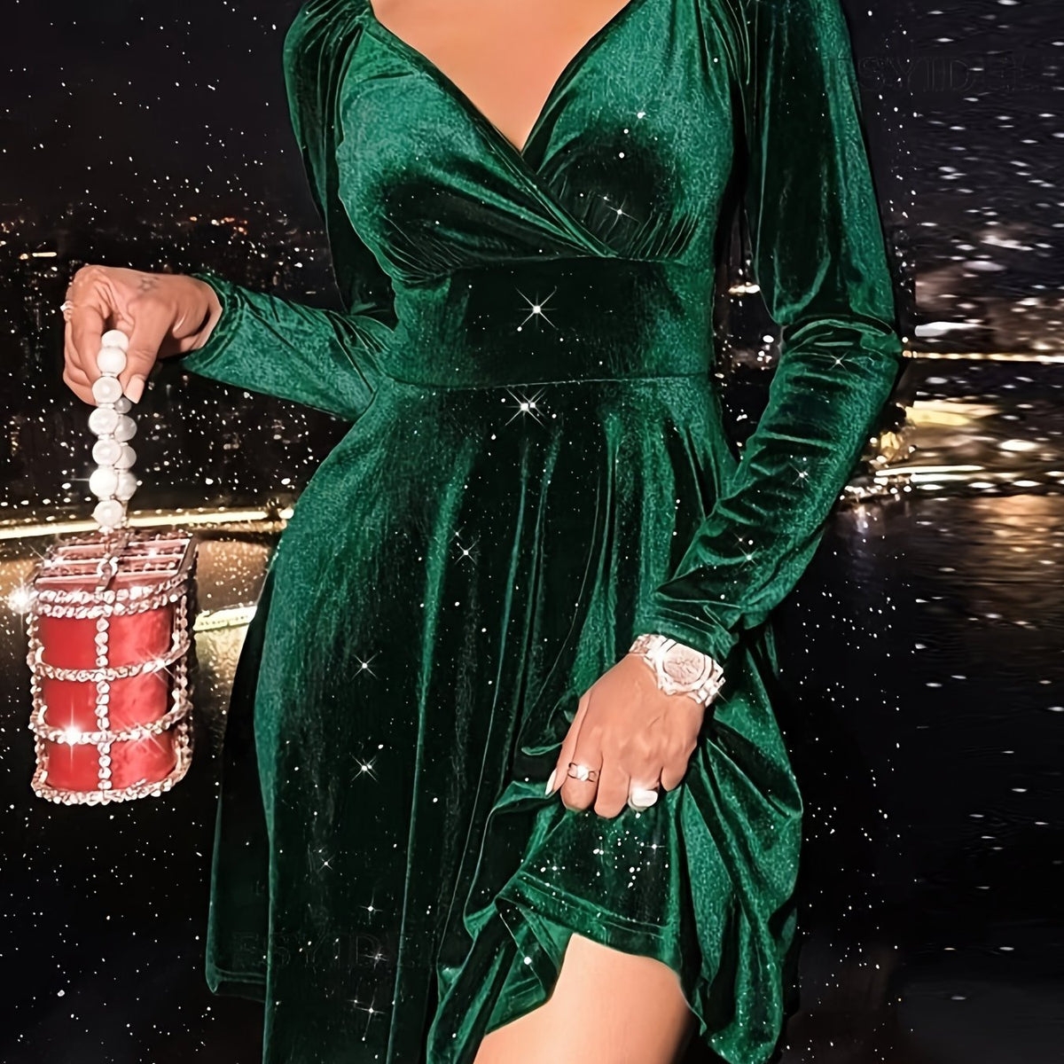 Velvet Ruched Long Sleeve V Neck A line Dress