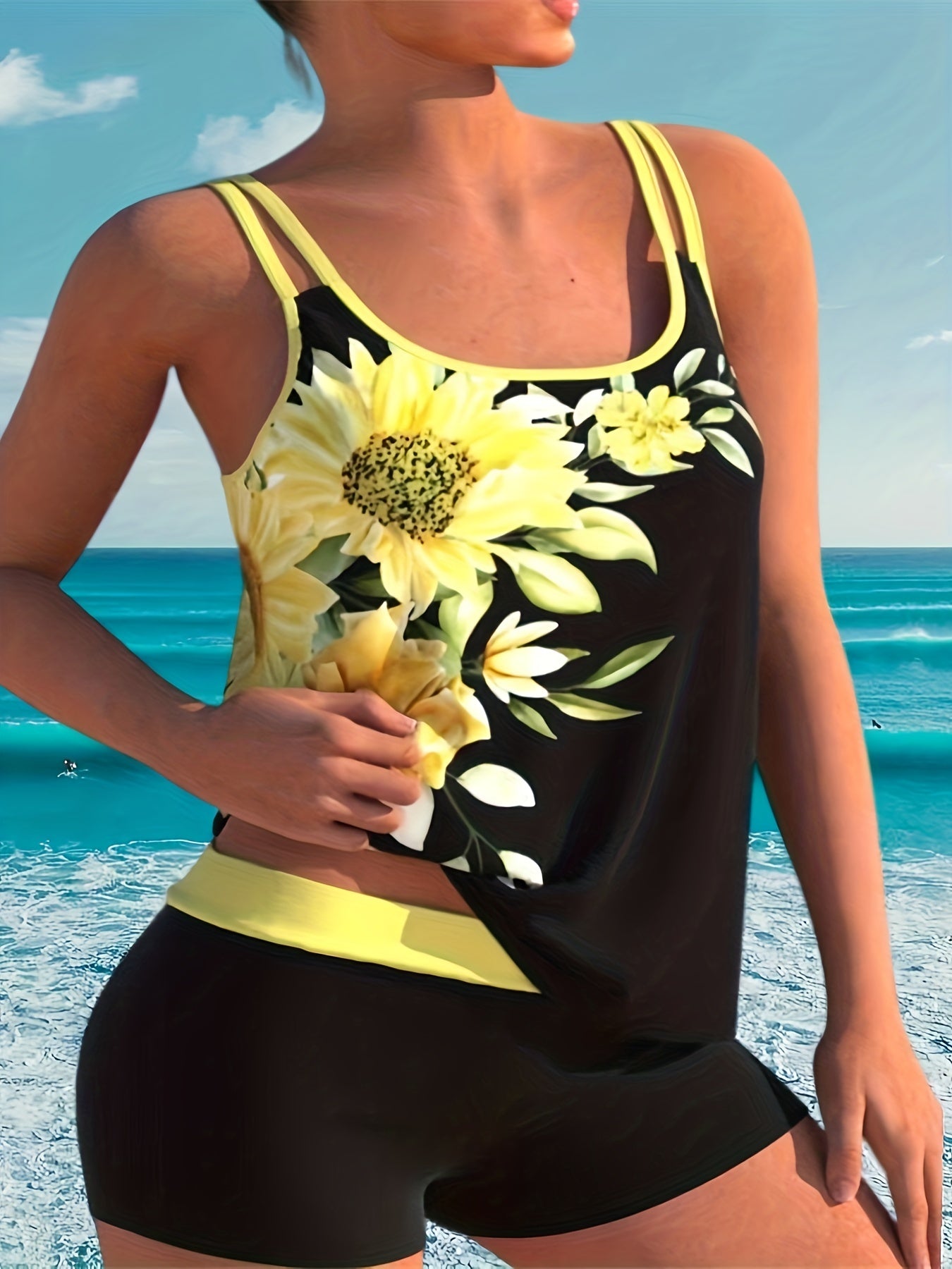  Floral Tankini Set Medium Stretch Split Strap Tank Top & Shorts