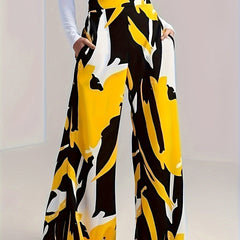  Abstract Print Wide Leg Trousers With Pockets
