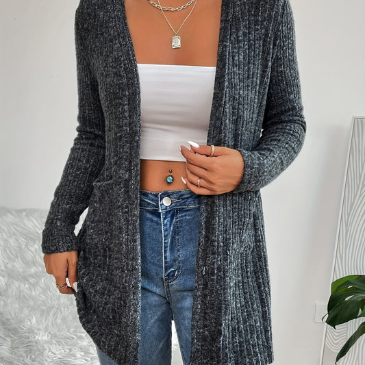  Solid Ribbed Long Sleeve Open Front Cardigan With Pockets
