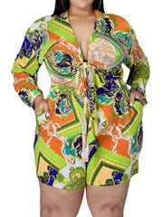 Boho Plus Size 2PC Set: Scarf Print Crop Top & Shorts