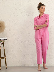  Solid Button Up Long Sleeve Jumpsuit