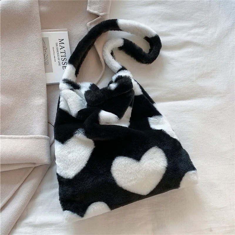 Women Fluffy Shoulder Bag Soft Plush Tote Shopping Bag