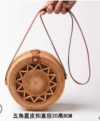Woven Rattan Bag Round Straw Shoulder Bag Small Beach Women