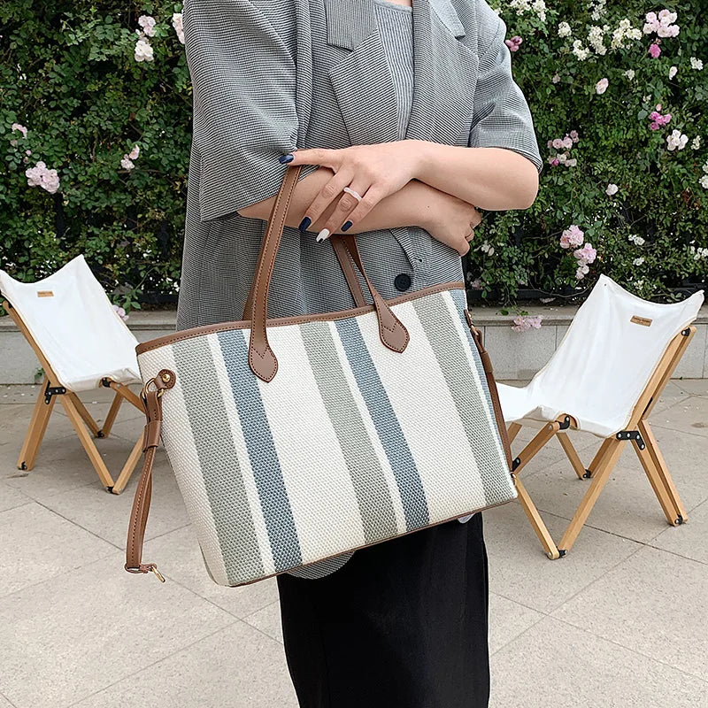 2 Pcs High Capacity Canvas Shoulder Bag For Women Striped Handbags
