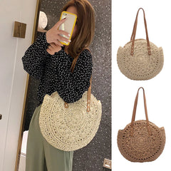 Women's Retro Woven Shoulder Bag Floral Handbag Straw Beach Bag