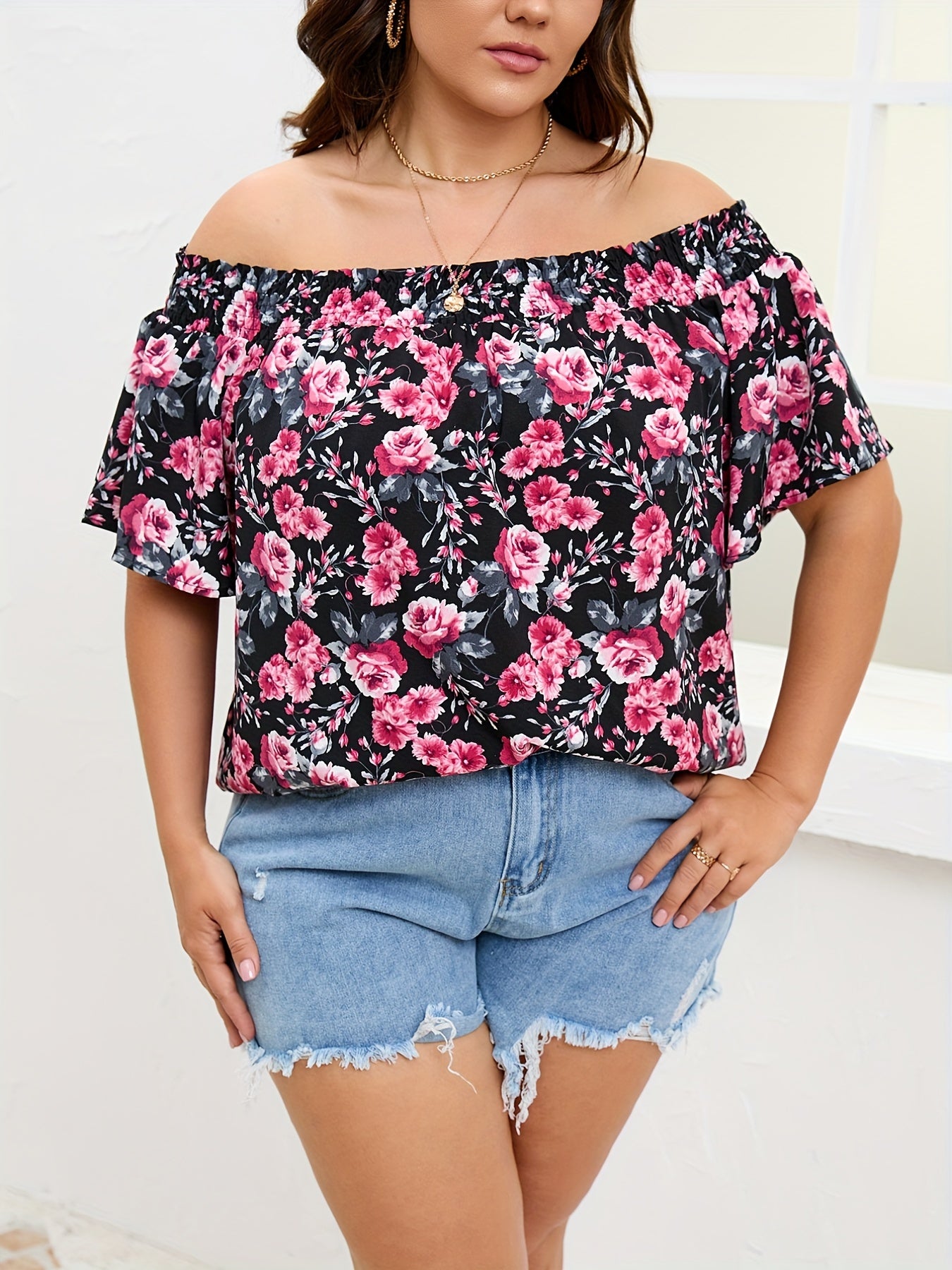  Rose Print Off Shoulder Short Sleeve Top