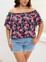  Rose Print Off Shoulder Short Sleeve Top