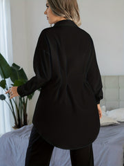  Blouse Solid Lantern Sleeve Button Up Collar