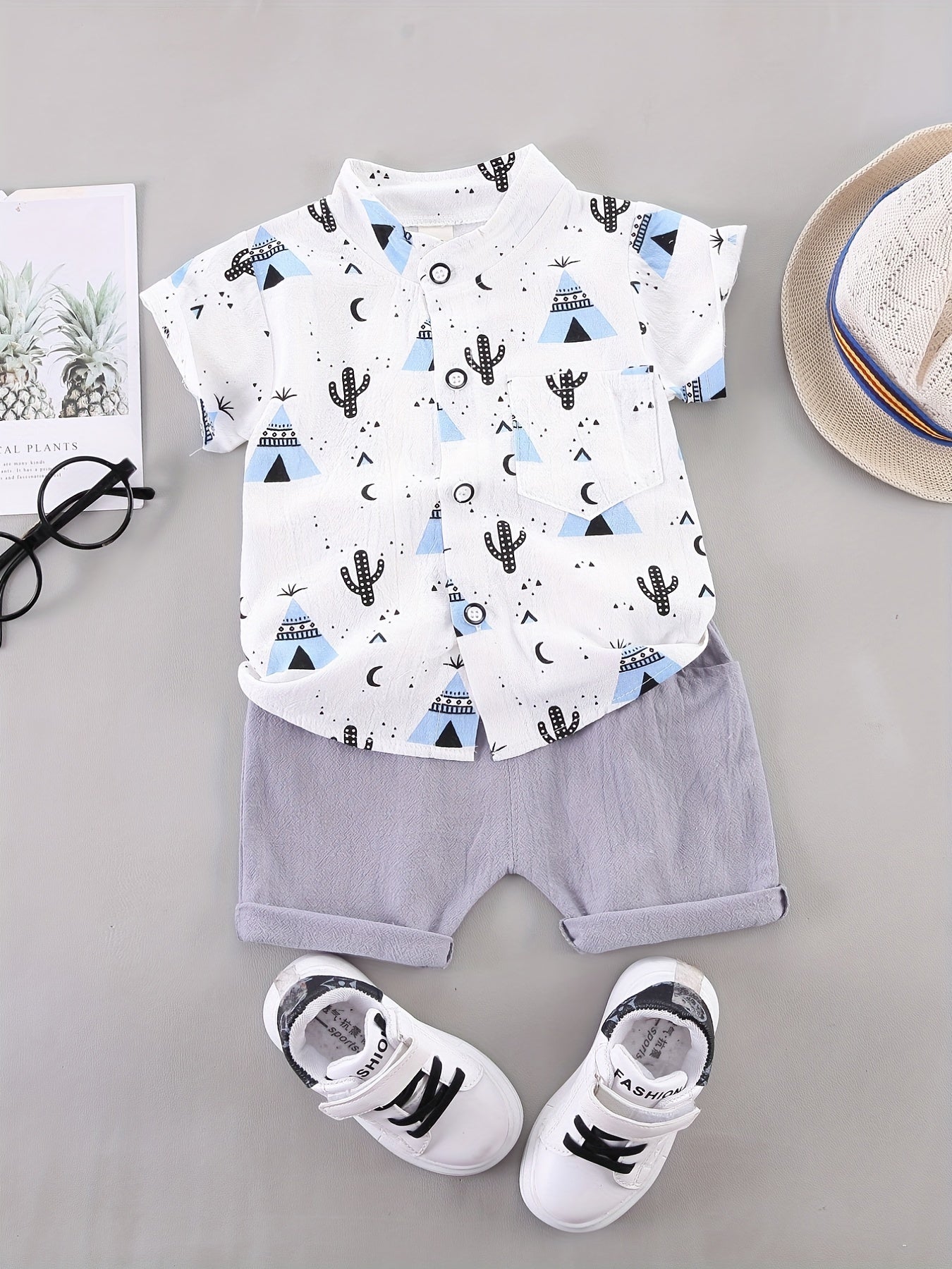 2pcs Baby Boys Cactus Print Short Sleeve Shirt & Shorts Set