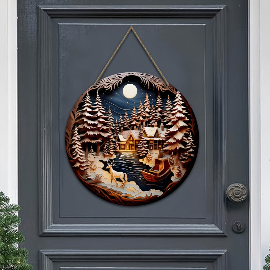 Christmas Wooden Door Hanging Tree Moon Forest Night Signboard