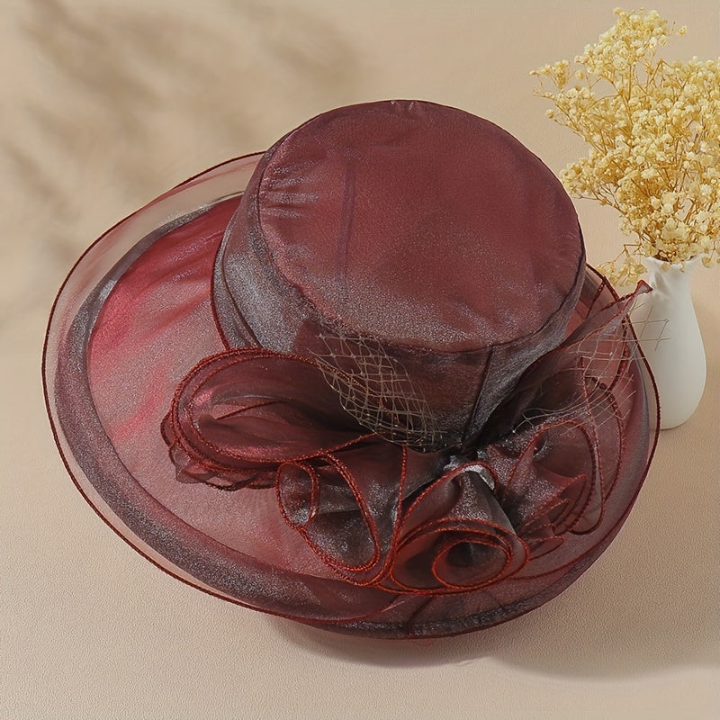 Organza Sun Hat Mesh Flower Derby Solid Bucket Hat Travel Beach Hats