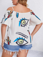  Abstract Painting Print Cold Shoulder Short Sleeve Blouse