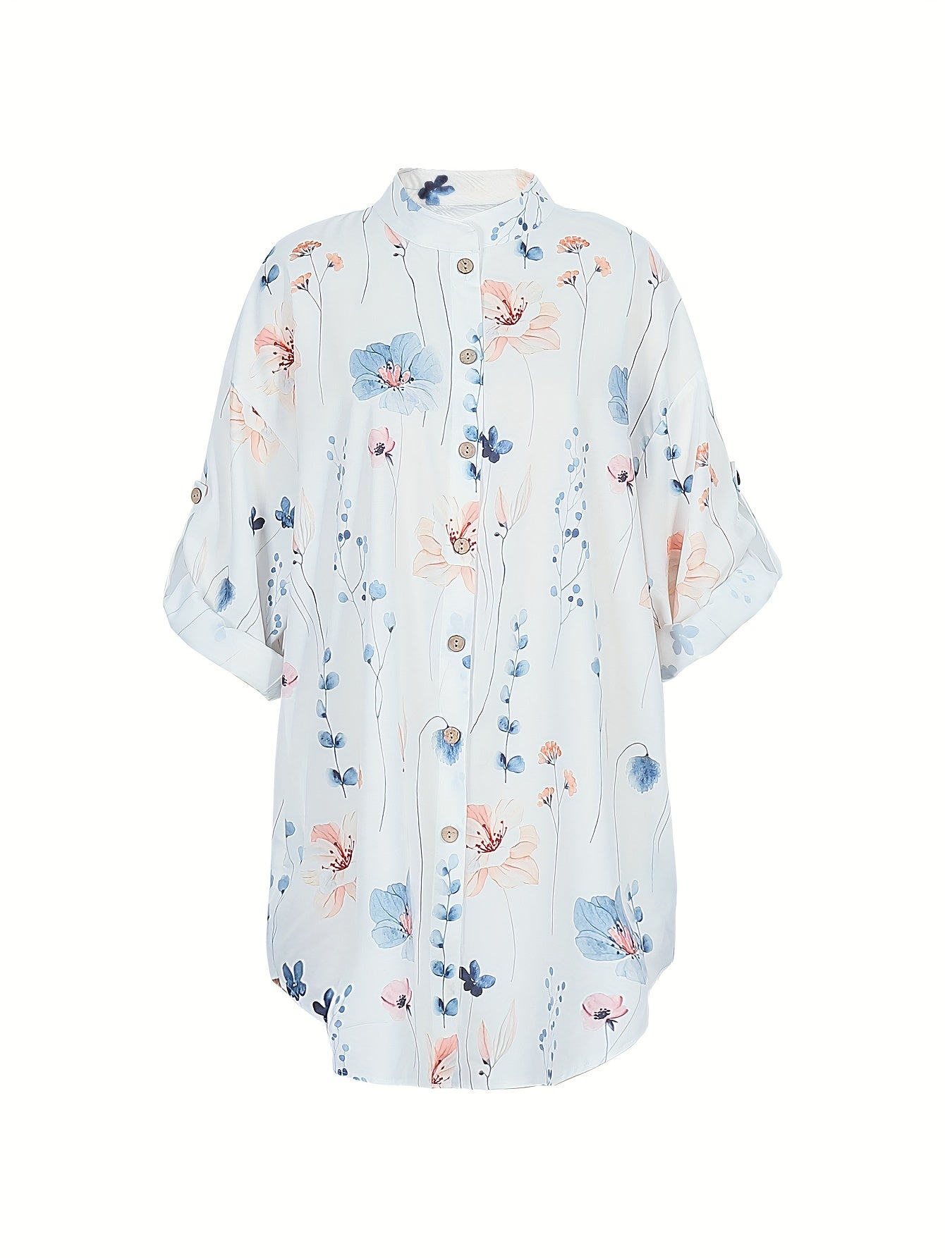  Floral Print Button Up Long Sleeve Tunic Shirt