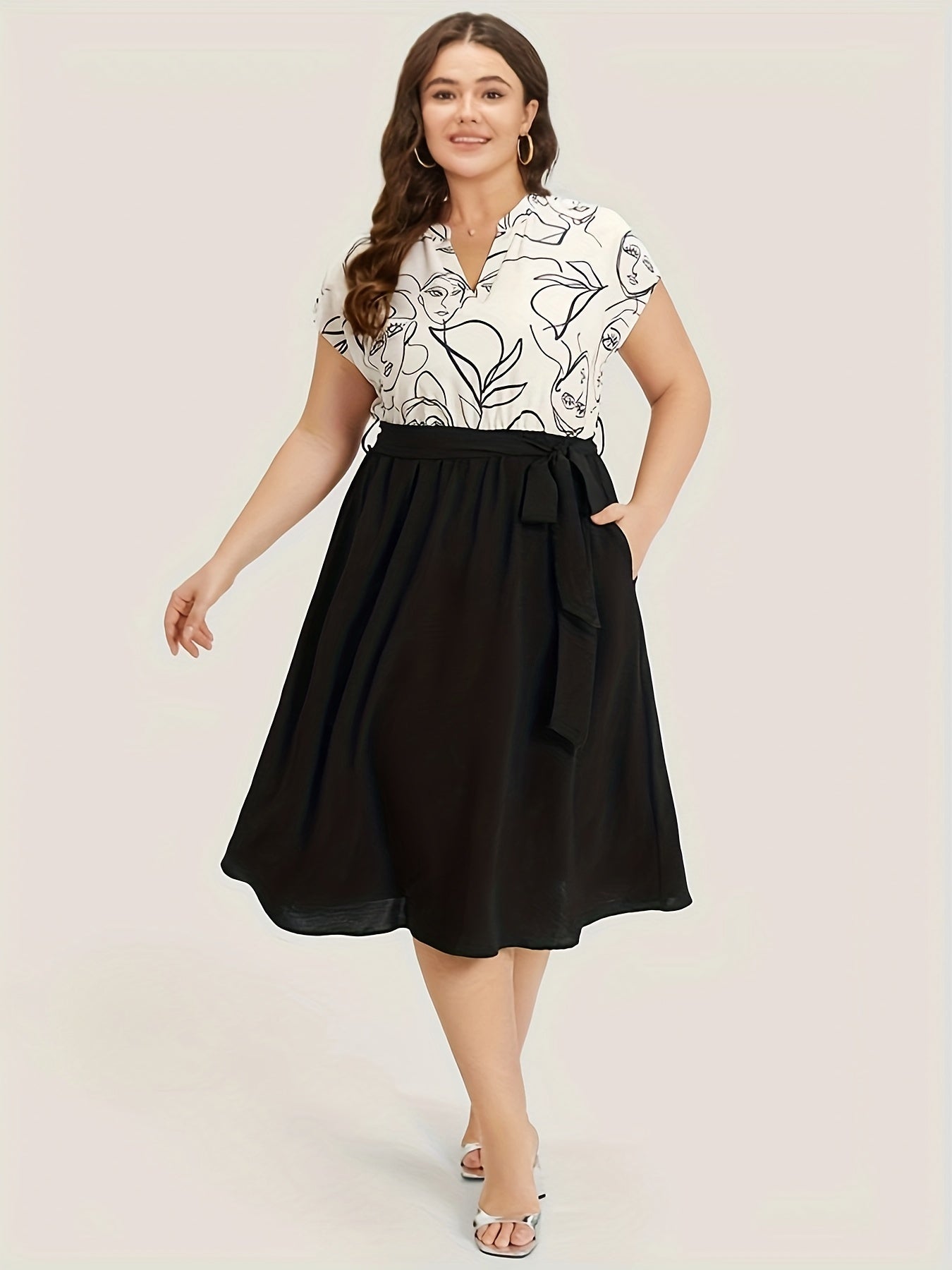  Colorblock Abstract Figure Print Midi Dress With Belt