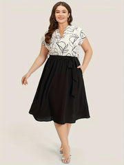  Colorblock Abstract Figure Print Midi Dress With Belt