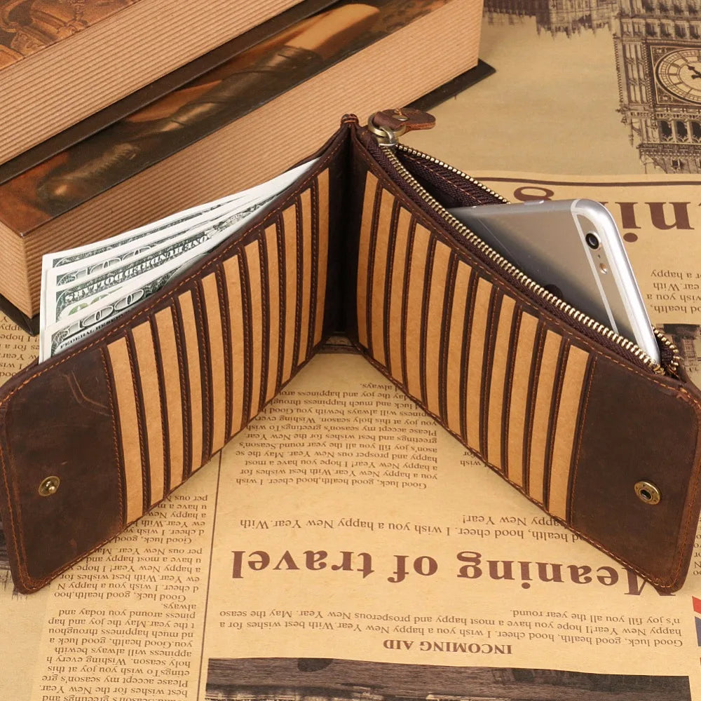 High Retro Cow Crazy Horse Leather Men Long Wallet