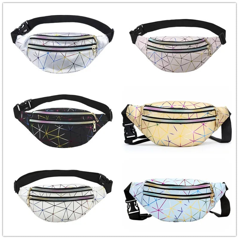 Pink Silver Holographic Waist Bag Female Belt Men