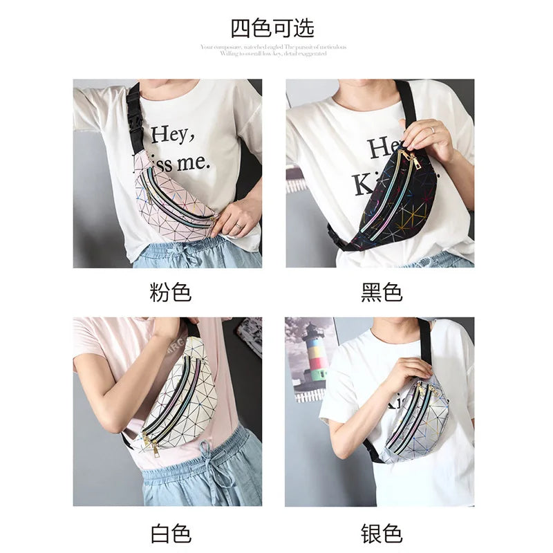 Pink Silver Holographic Waist Bag Female Belt Men