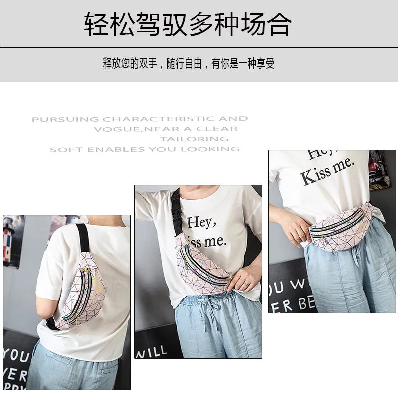 Pink Silver Holographic Waist Bag Female Belt Men