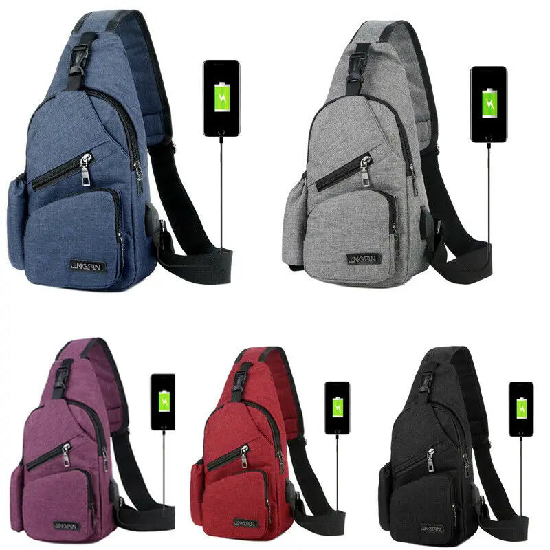 Men Canvas Sling Bag Chest Crossbody Messenger USB Charging Waist Packs