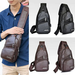 Men's PU Shoulder Bag Sling Chest Pack USB Charging Sports Crossbody Waist Packs