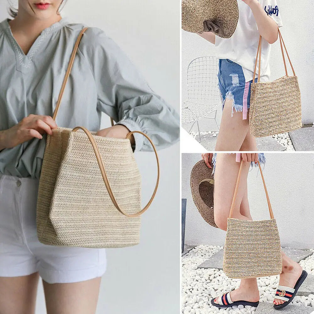 Women Straw Shoulder Bag Rattan Straw Crossbody Handbag