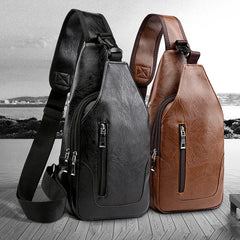 Waterproof PU Leather Chest Bag Outdoor USB Charging Bags With Headphone Hole