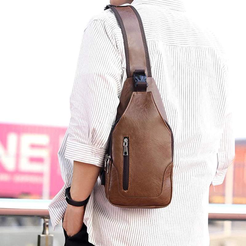 Waterproof PU Leather Chest Bag Outdoor USB Charging Bags With Headphone Hole