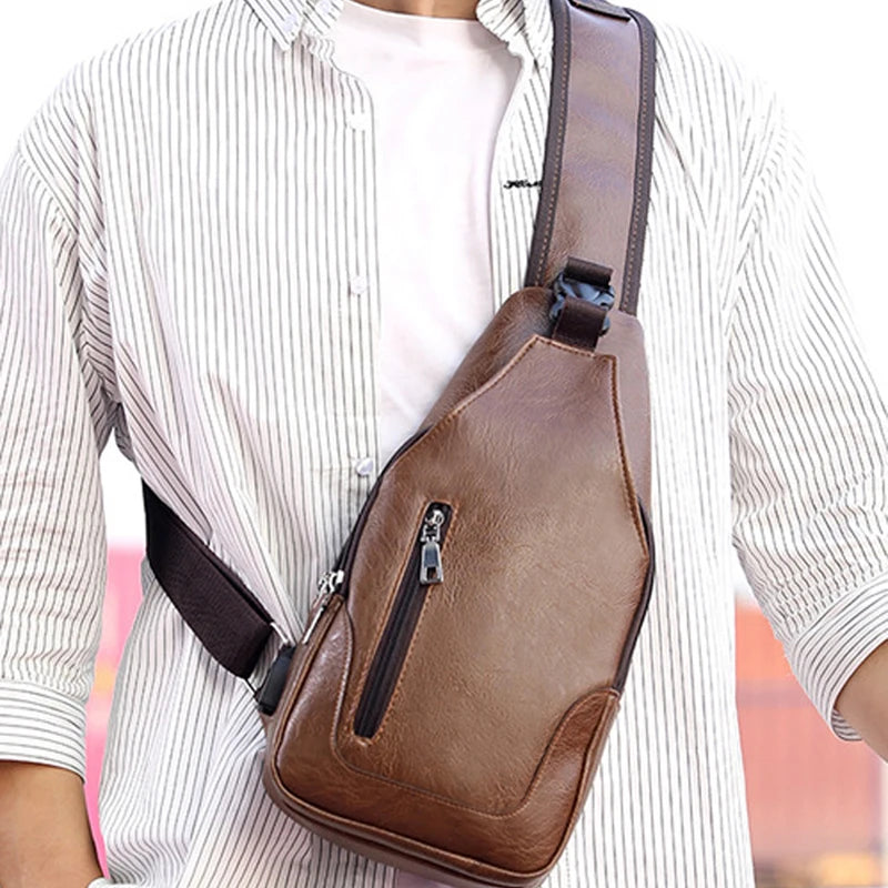Waterproof PU Leather Chest Bag Outdoor USB Charging Bags With Headphone Hole