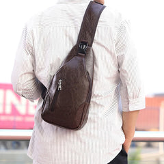 Waterproof PU Leather Chest Bag Outdoor USB Charging Bags With Headphone Hole