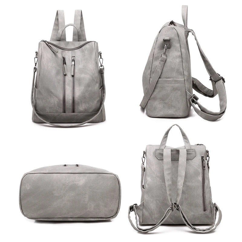 Women PU Leather Backpack High Rucksacks For Girl Solid Travel Bagpack