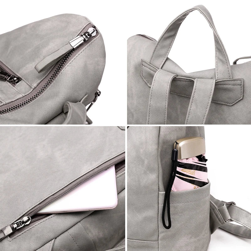 Women PU Leather Backpack High Rucksacks For Girl Solid Travel Bagpack