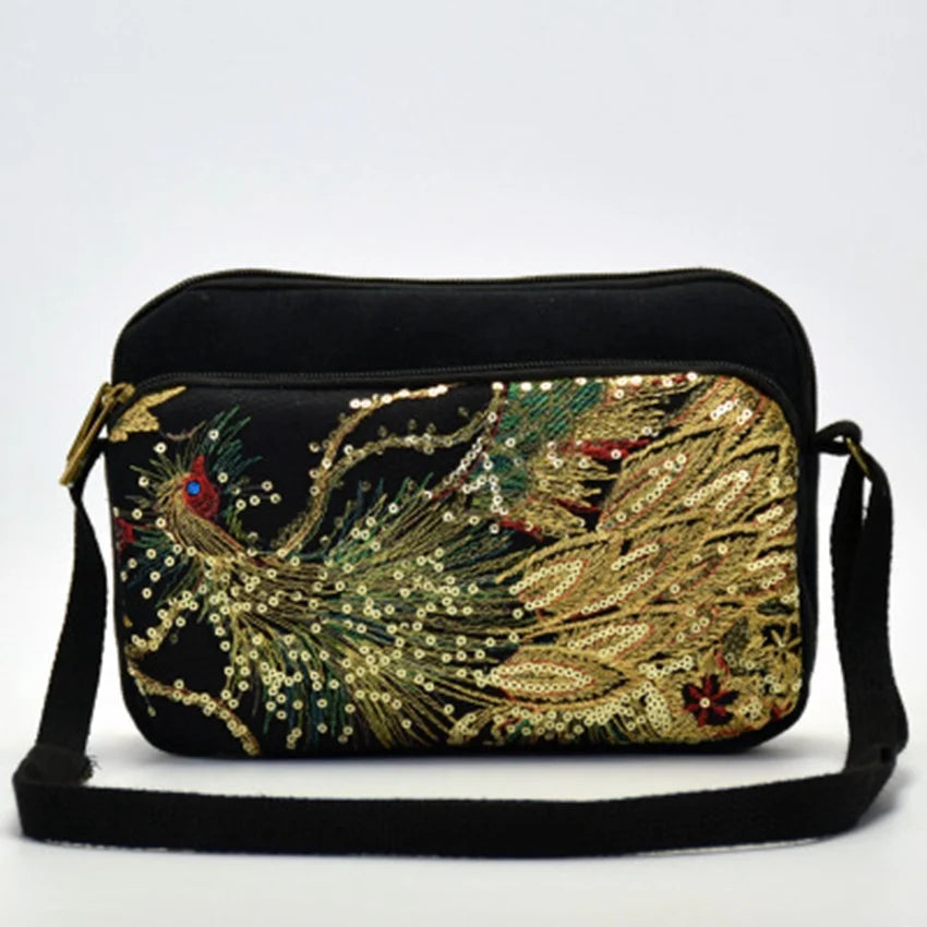 National Wind Embroidered Handbags Peacock Embroidery Canvas Three Bags