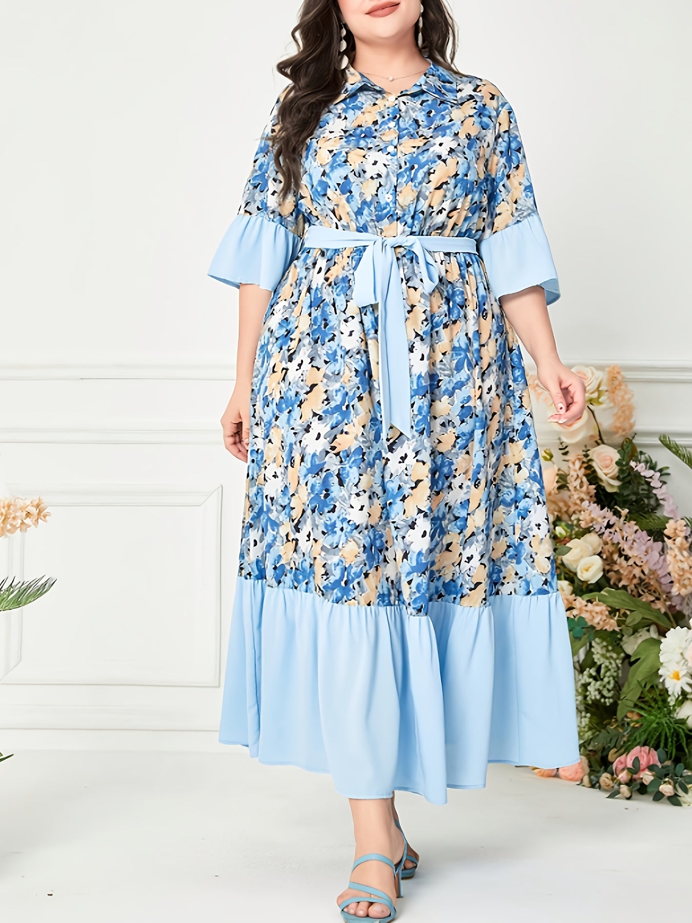  Dress Colorblock Floral Print Ruffle Trim Maxi Dress