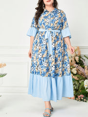  Dress Colorblock Floral Print Ruffle Trim Maxi Dress