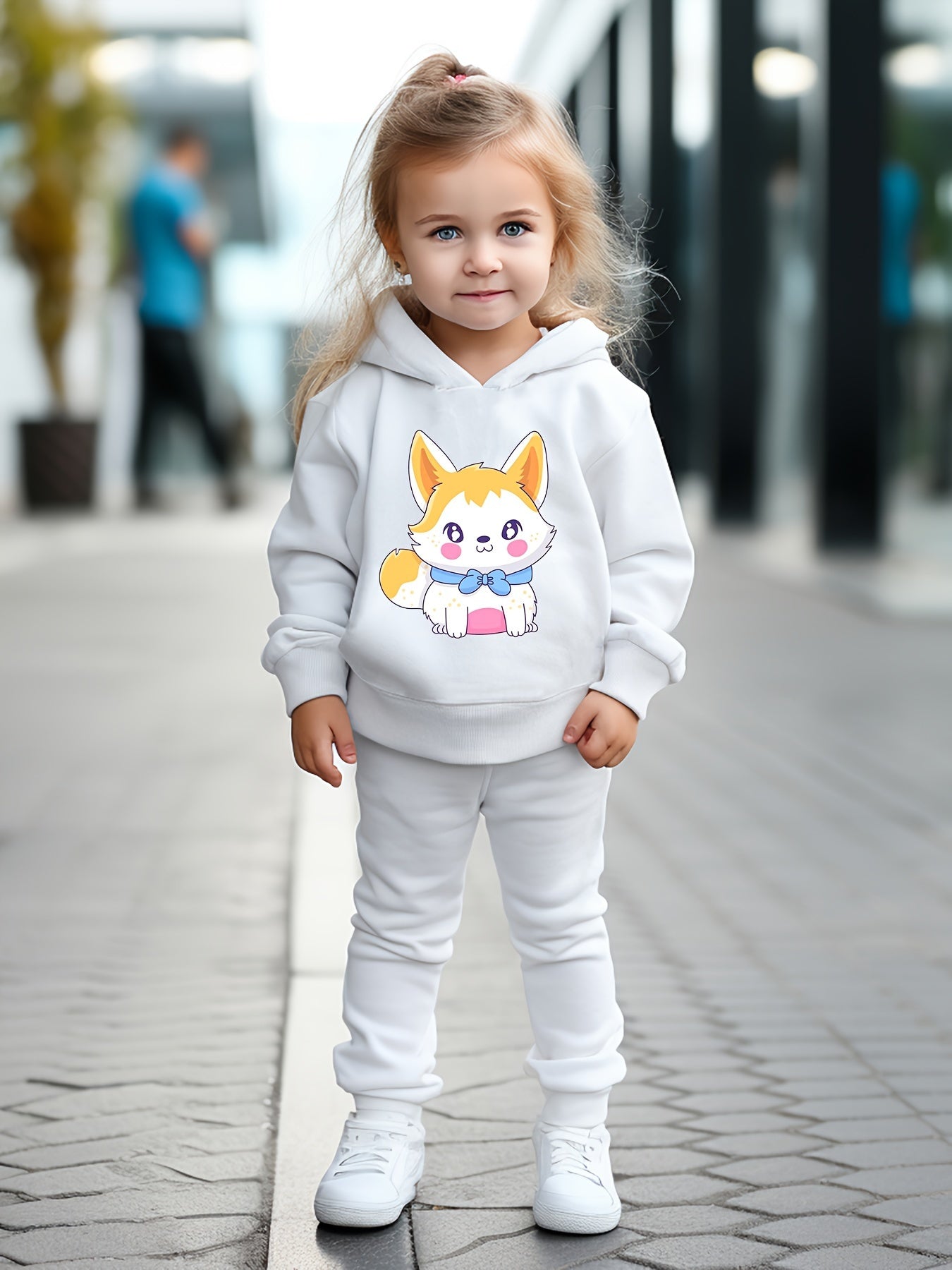 2pcs Kitty Print Hoodies Pants Set For Kids Spring Fall Sports