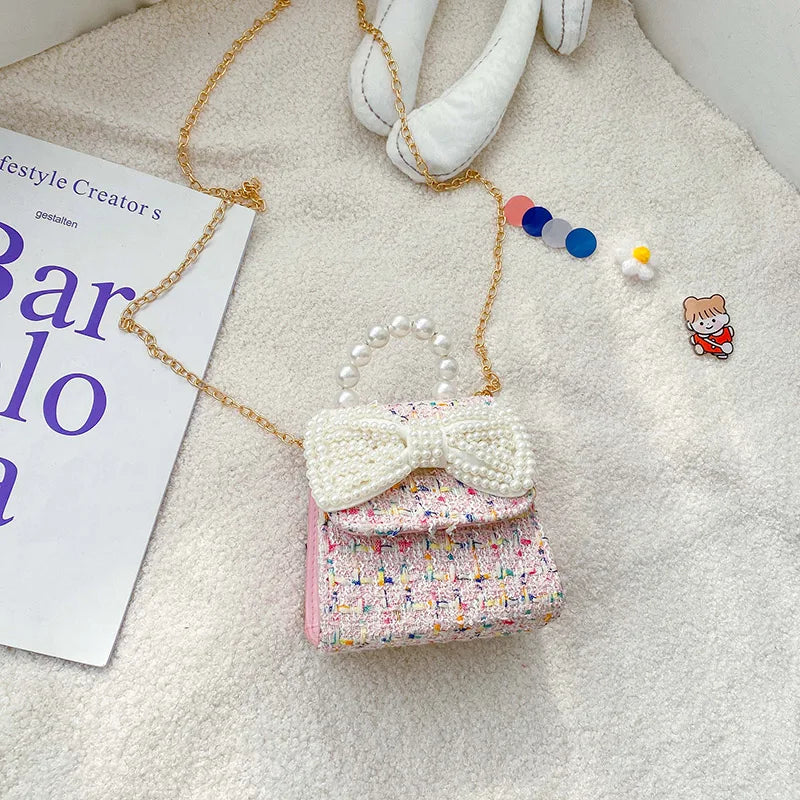 Kids Shoulder Bag with Pearl Handle Mini Crossbody Pack Handbag