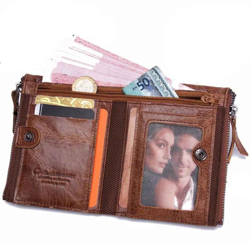 Men's Crazy Horse Leather Double Zipper Wallet