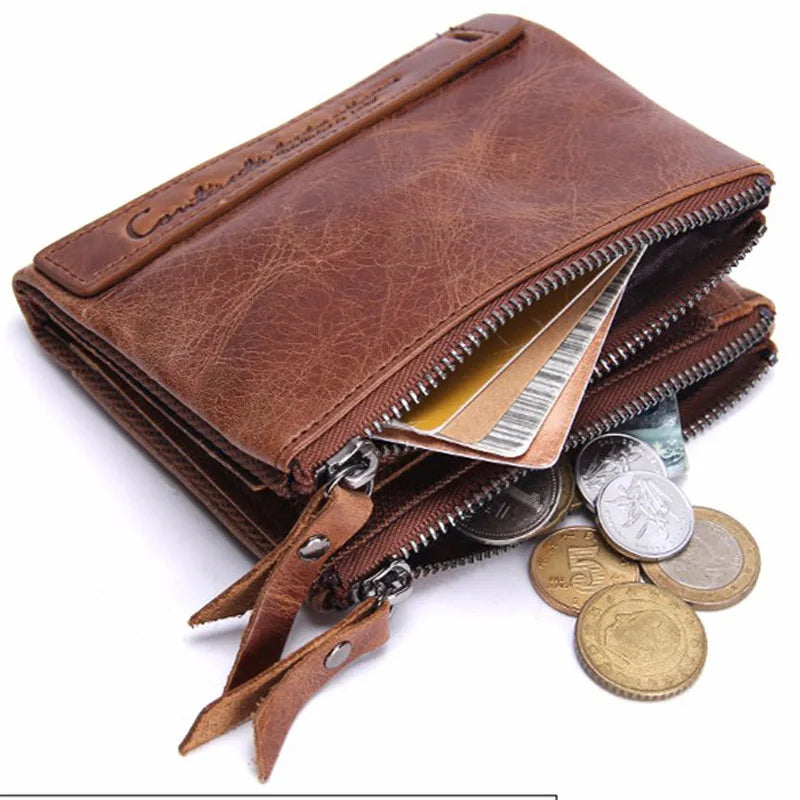 Men's Crazy Horse Leather Double Zipper Wallet