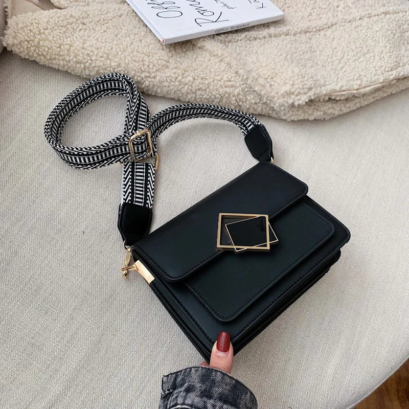 Leather Crossbody Bag with Wide Strap Lock Handbag